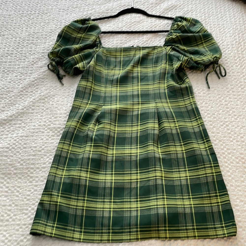 BP green plaid mini dress with puff sleeves size small